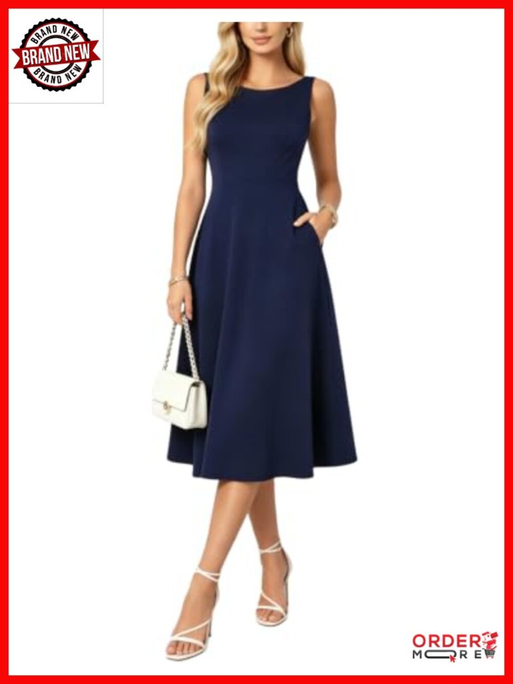 Sleeveless Cocktail Dress Midi A-Line with Pockets Boat Neck